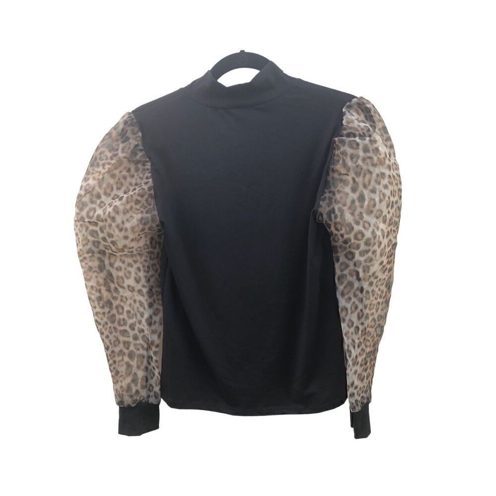 Smoke & Mirrors Womens Black Mock Balloon Sleeve Animal Print Top Blouse Large